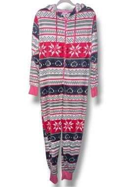 Totally Pink snowflake fleece hooded one piece pajamas